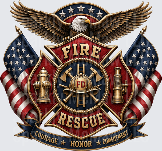 Fire Rescue Department Badge with Eagle and American Flags Courage Honor Commitment UV DTF Decal