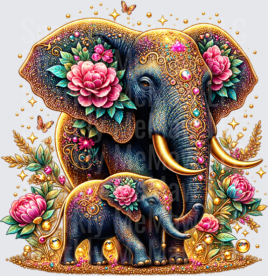 Bejeweled Mother Baby Elephant UV DTF Decal