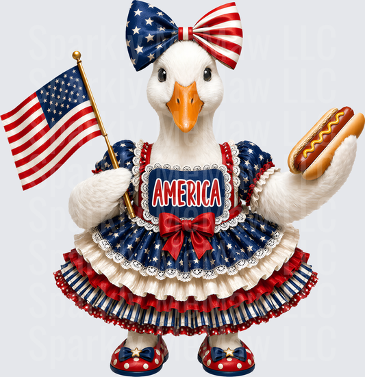 Patriotic Duck in America Dress Holding Flag and Hot Dog UV DTF Decal