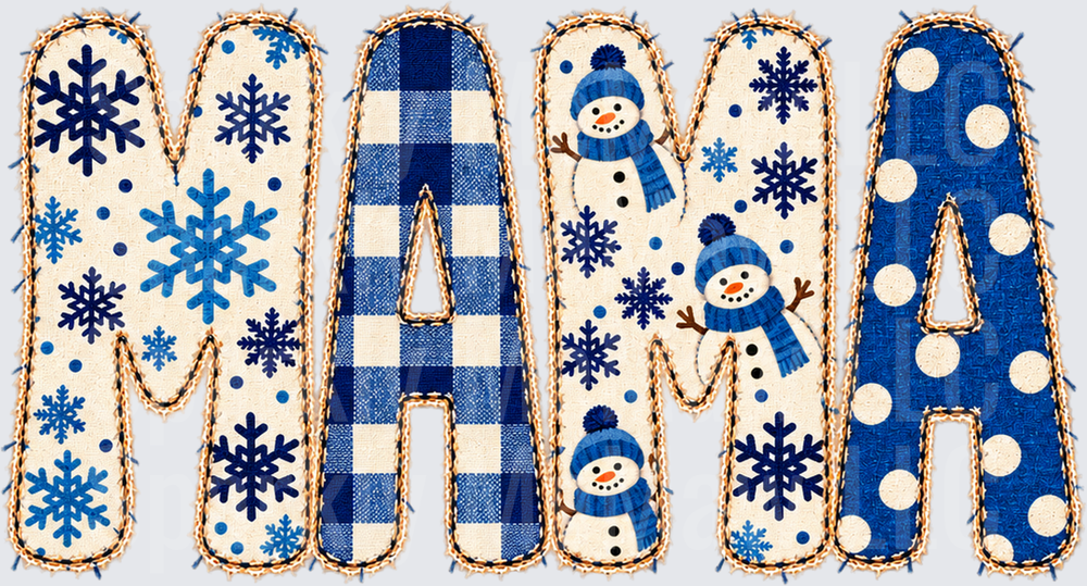 MAMA Winter Snowman Blue Plaid DTF Transfer for Fabrics