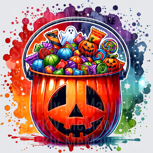 Halloween Jack-o'-Lantern Candy Bucket with Ghost and Treats Watercolor Splash DTF Transfer for Fabric