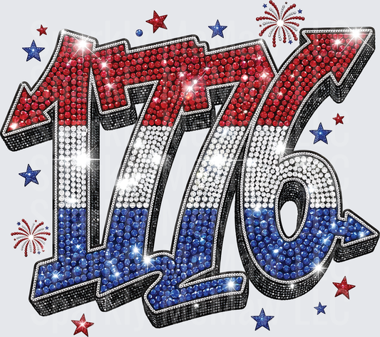 1776 Red White Blue Rhinestone Letters with Patriotic Stars and Fireworks UV DTF Decal