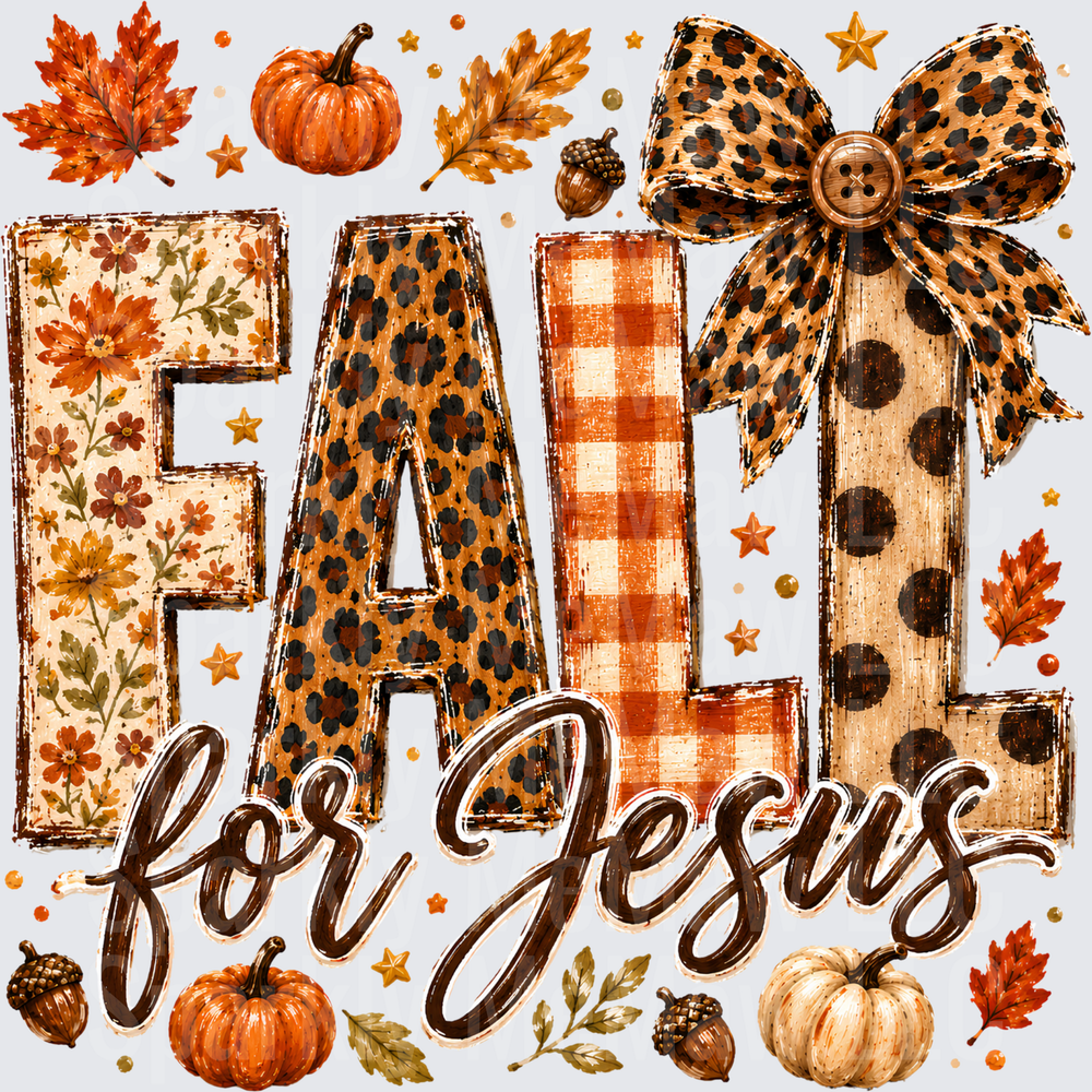 Fall For Jesus Autumn Patterned Letters DTF Transfer for fabrics