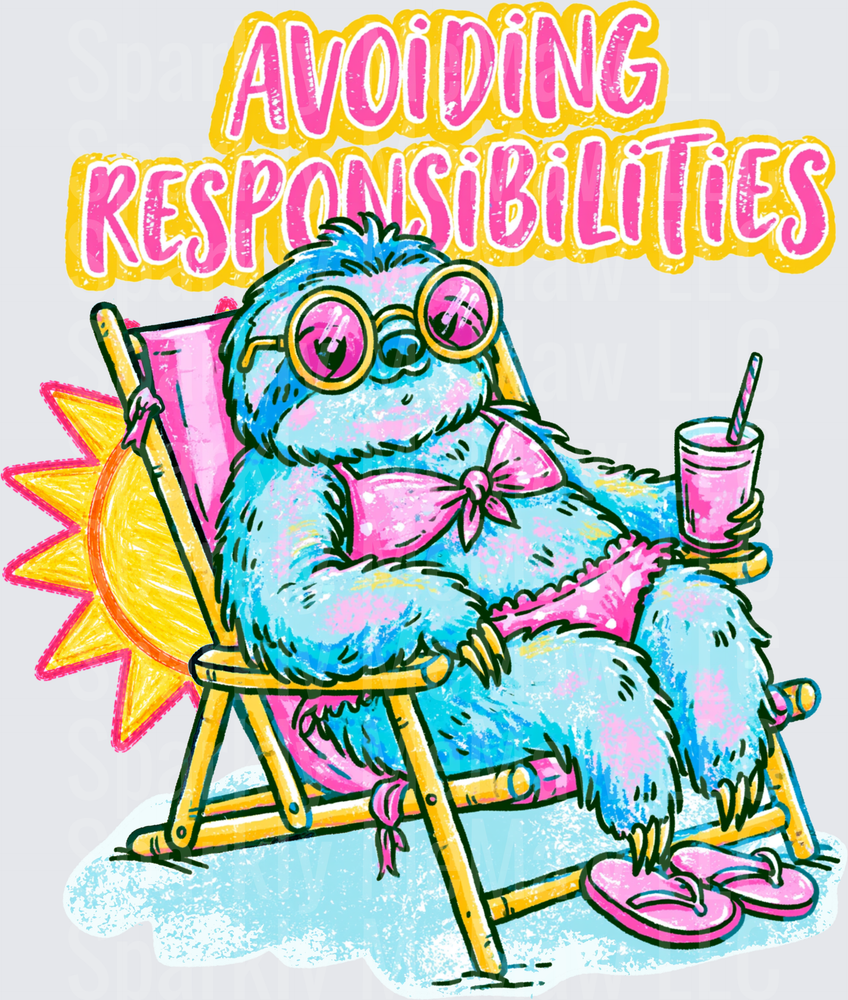 Avoiding Responsibilities Lazy Sloth in Beach Chair with Sunglasses and Drink DTF Transfer for Fabric