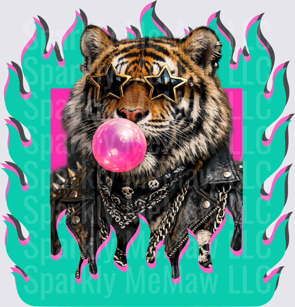 Cool Tiger in Leather Jacket with Star Sunglasses Blowing Pink Bubble Gum UV DTF Decal