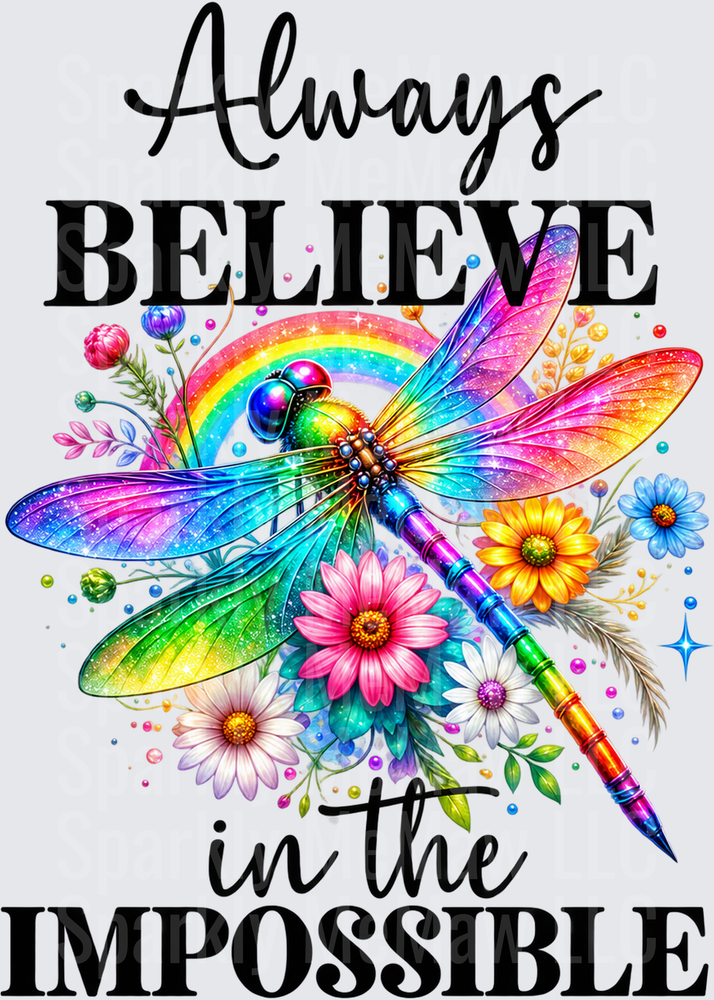 Rainbow Dragonfly Floral Believe DTF Transfer for Fabrics