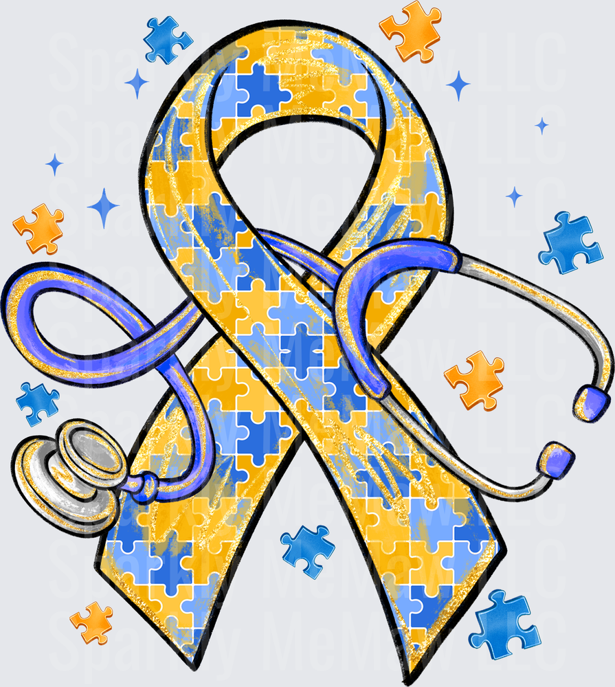 Autism Awareness Ribbon with Puzzle Pieces and Stethoscope DTF Transfer for Fabric