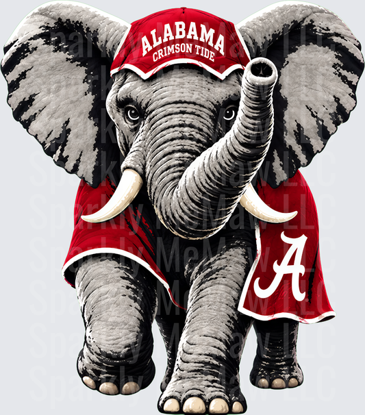 Alabama Crimson Tide Elephant Mascot with Cap and Cape DTF Transfer for fabrics