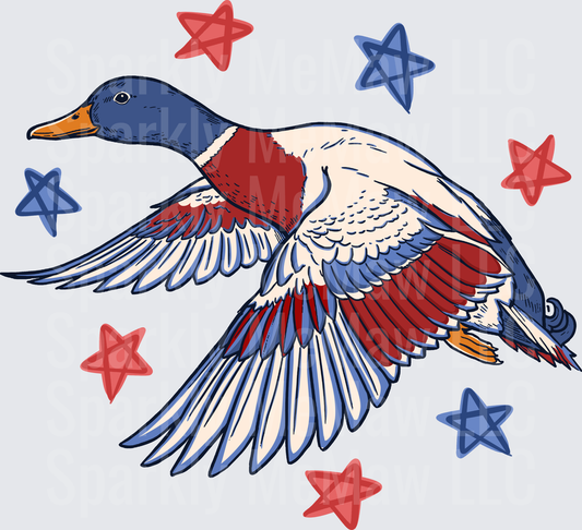 Patriotic Mallard Duck in Flight with Red White Blue Stars UV DTF Decal