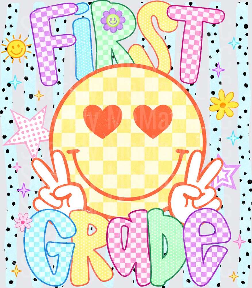 First Grade Checkered Smiley Face with Peace Sign Hands UV DTF Decal