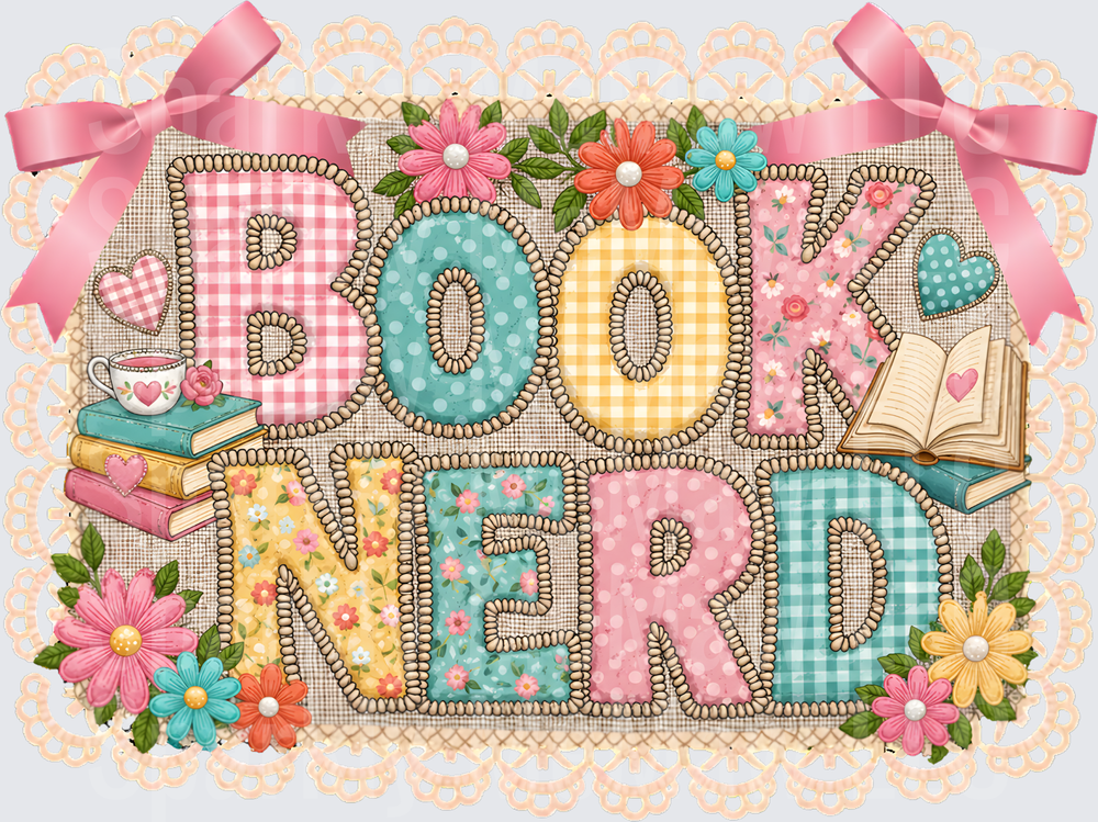 Book Nerd Floral Patchwork Letters with Pink Bows and Books UV DTF Decal