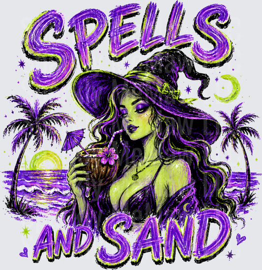 Spells and Sand Witch Beach Tropical Coconut Drink Purple Green Halloween DTF Transfer for Fabrics