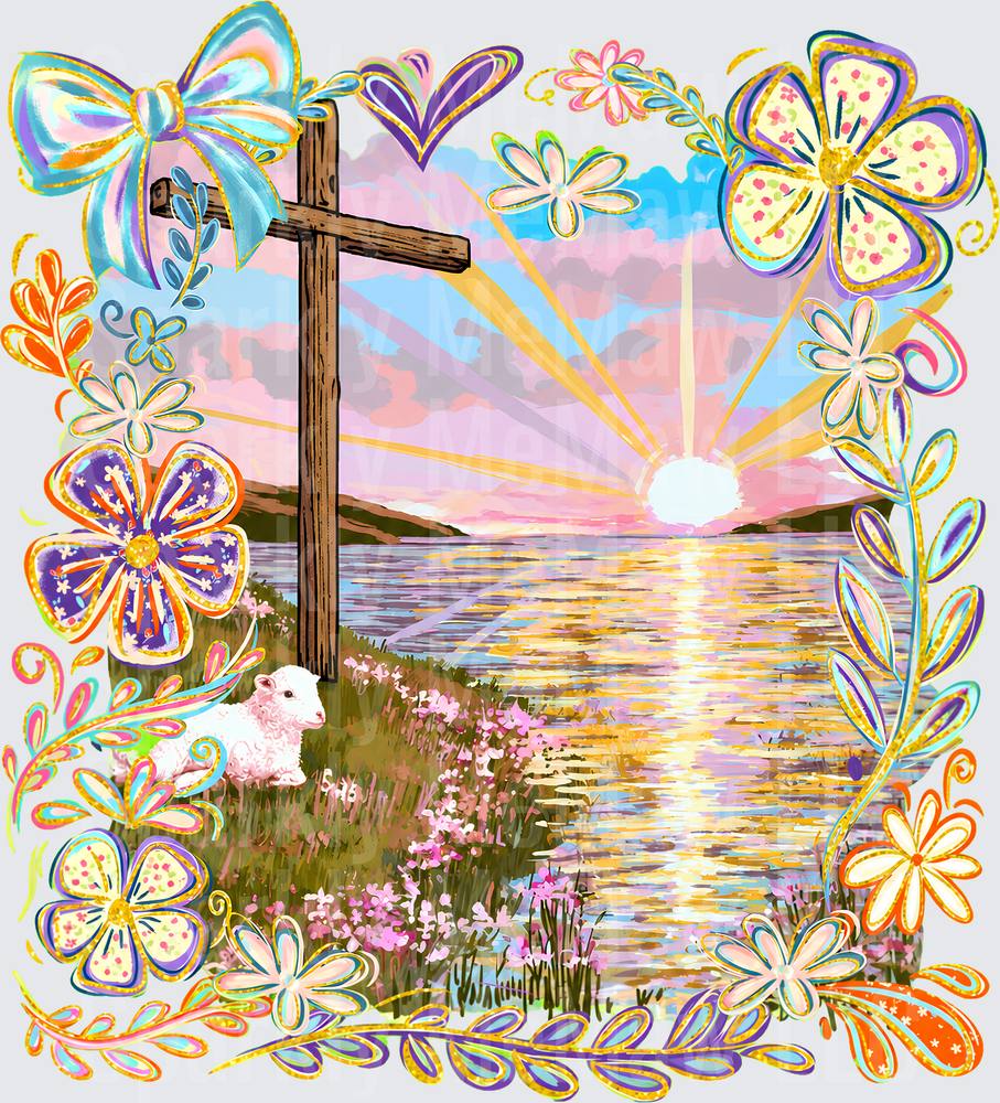 Wooden Cross Lamb Sunrise Floral is a UV DTF Decal