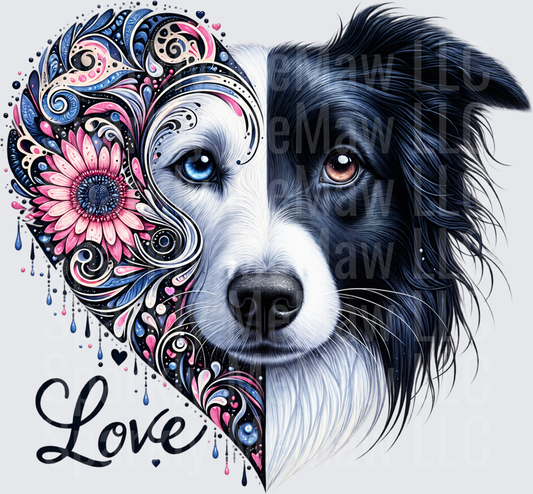 Border Collie Love Heart DTF Transfer for Fabrics