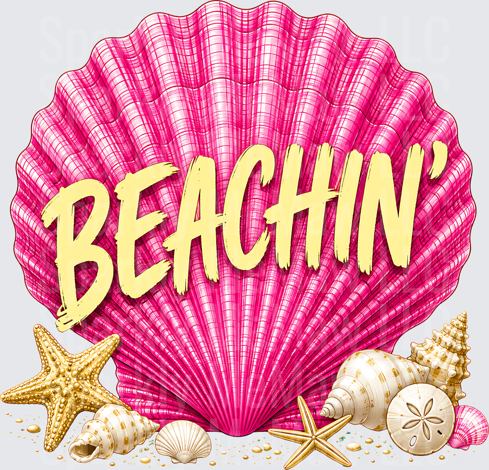 Beachin Pink Seashell with Starfish and Sand Dollar Ocean Vibes DTF Transfer