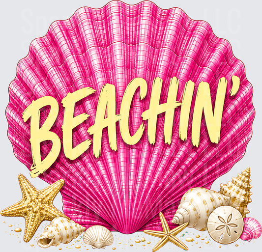 Beachin Pink Seashell with Starfish and Sand Dollar Ocean Vibes DTF Transfer