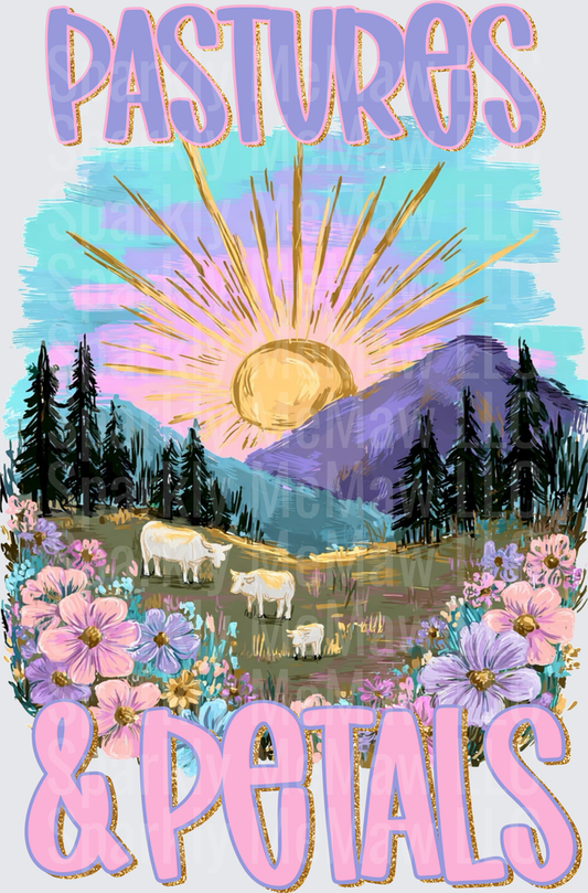 Pastures & Petals Wildflower Mountain Sunrise Grazing Cattle Scene DTF Transfer (fabrics)
