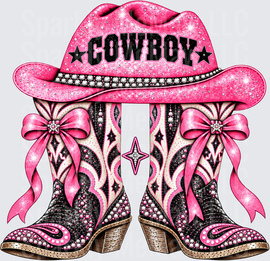 Pink Glitter Cowboy Hat Boots is a UV DTF Decal