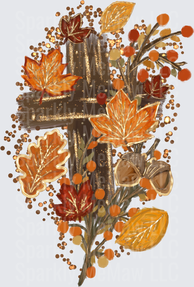 Autumn Fall Harvest Cross with Gold Glitter Maple Leaves Acorns and Berries DTF Transfer (Fabrics)