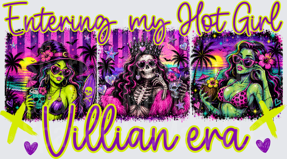 Entering My Hot Girl Villian Era Neon Halloween Beach Witch Skeleton Zombie Trio DTF Transfer for Fabrics