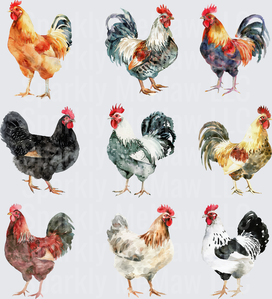 Watercolor Rooster and Hen Collection Farm Birds UV DTF Decal