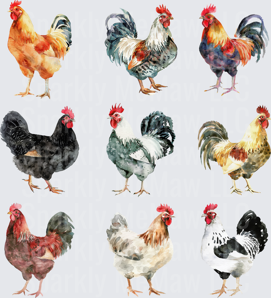 Watercolor Rooster and Hen Collection Farm Birds UV DTF Decal
