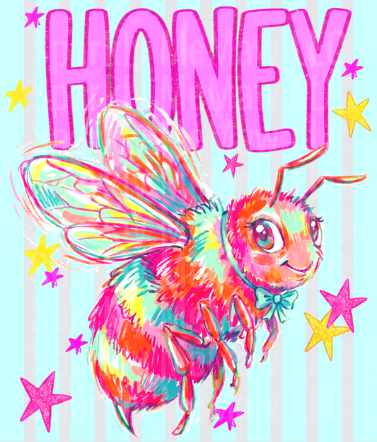 Honey Colorful Kawaii Bumble Bee with Bow Tie and Stars DTF Transfer for fabrics
