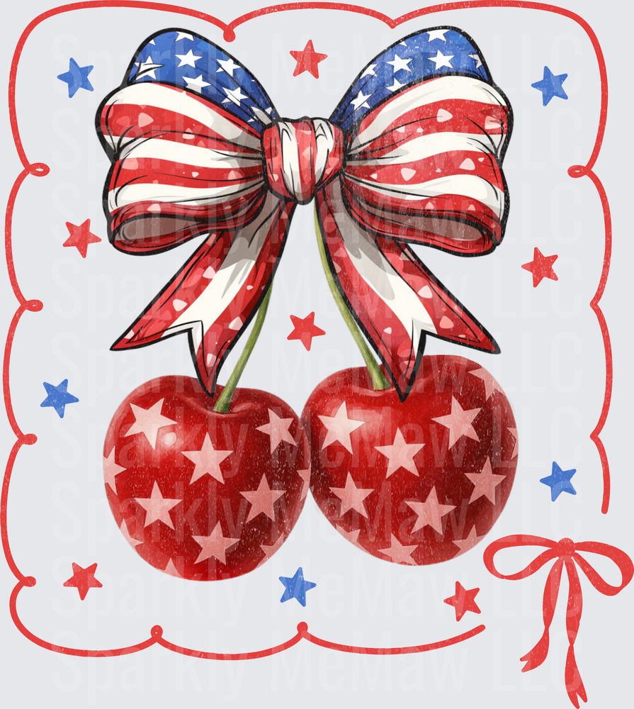 Patriotic Cherries with American Flag Bow and Stars