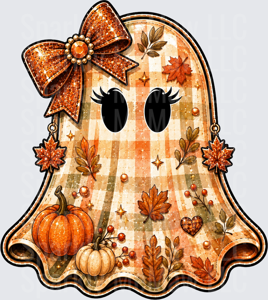 Cute Fall Ghost with Orange Plaid Pattern Autumn Leaves Pumpkins and Sparkly Bow UV DTF Decal
