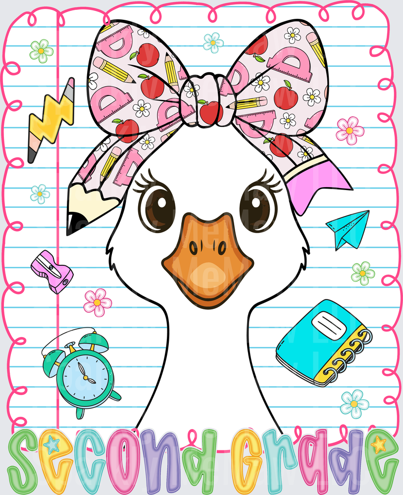 Cute Duck Wearing School Supplies Bow Second Grade DTF Transfer