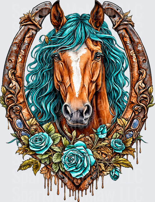 Teal Mane Horse Horseshoe Roses is a DTF Transfer for Fabrics