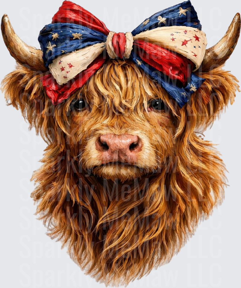 Patriotic Highland Cow with American Flag Bandana Bow UV DTF Decal