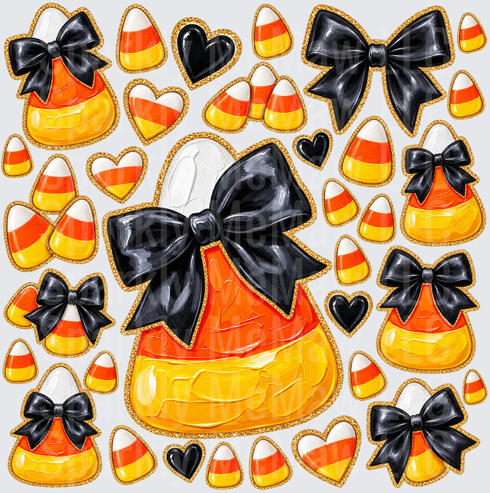 Halloween Candy Corn Black Bows this is a 10x10 UV DTF Cut/Peel/Stick Sheet