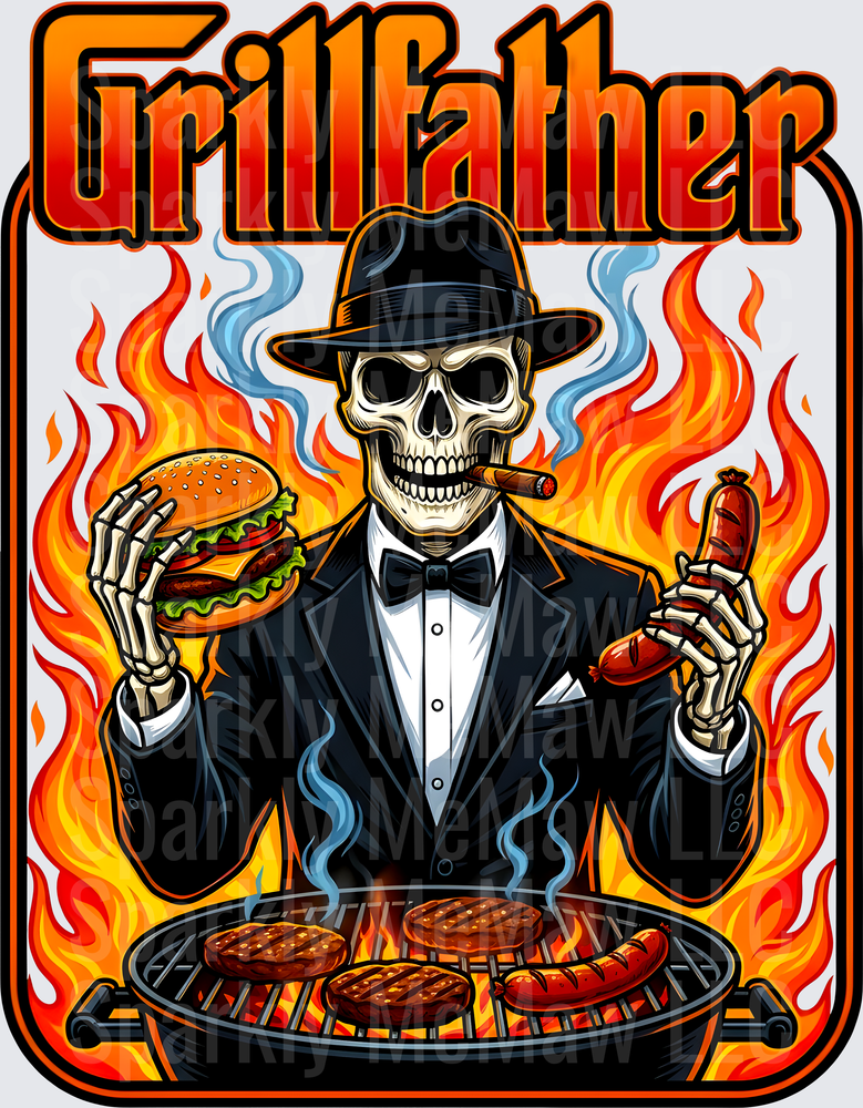 Grillfather Skeleton Gangster BBQ Master with Flames UV DTF Decal