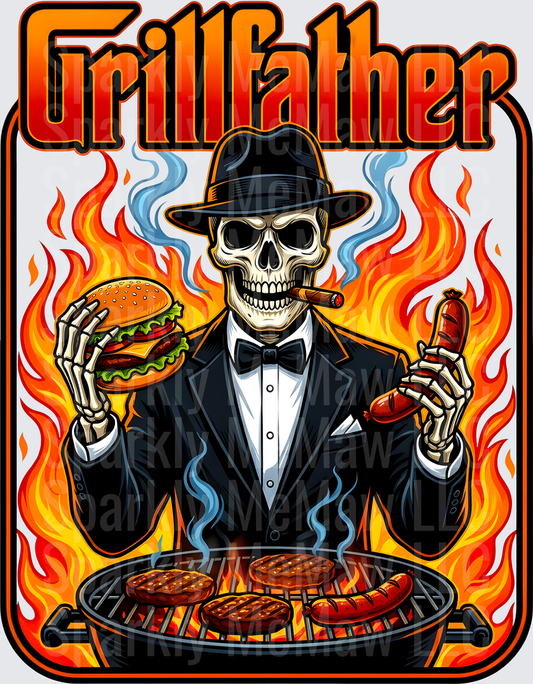 Grillfather Skeleton Gangster BBQ Master with Flames UV DTF Decal
