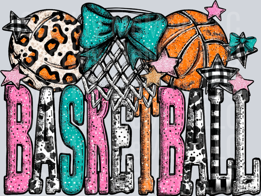 Basketball leopard with turquoise bow DTF Transfer (Fabrics)