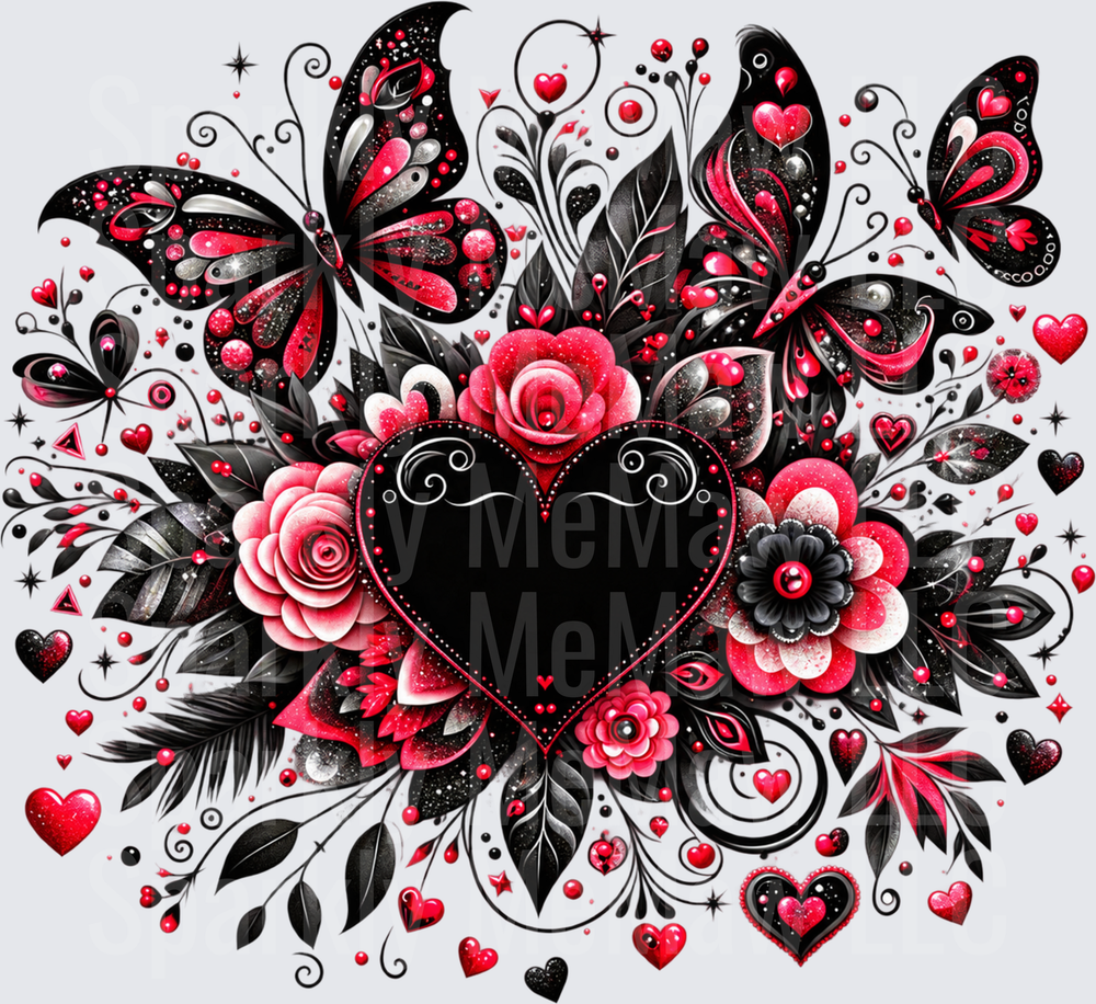 Black Red Butterfly Heart Floral UV DTF Decal