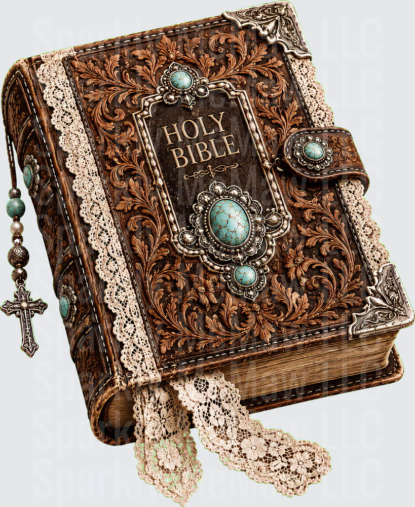 Ornate Holy Bible Turquoise Jeweled This is a UV DTF Decal