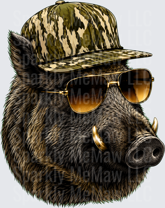 Wild Boar Hog with Camo Snapback Hat and Gold Aviator Sunglasses DTF Transfer for fabrics