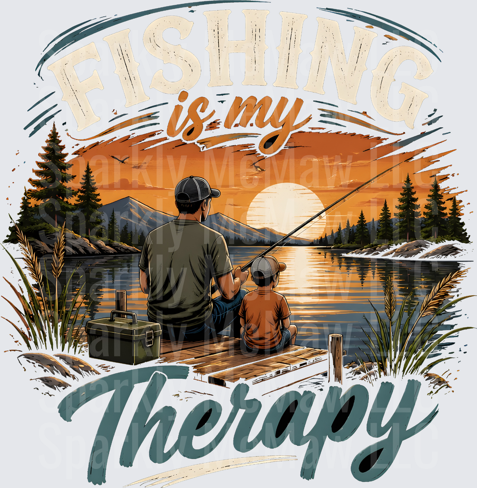 Fishing Is My Therapy Father and Son Sunset Lake Dock Scene DTF Transfer for Fabrics