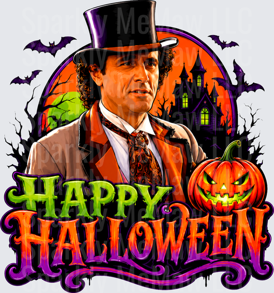 Happy Halloween Victorian Gentleman Top Hat Haunted House Jack-o-Lantern Bats DTF Transfer (fabrics)