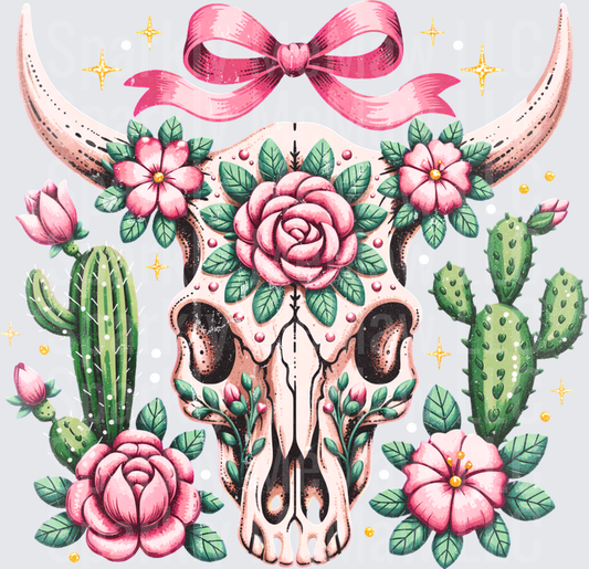 Floral Bull Skull with Pink Bow Roses and Cactus Western DTF Transfer for Fabrics