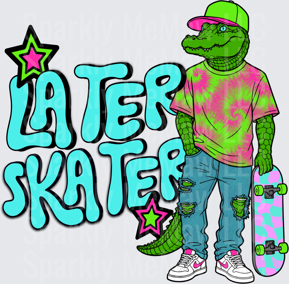 Later Skater Cool Alligator with Skateboard and Tie Dye Style DTF Transfer