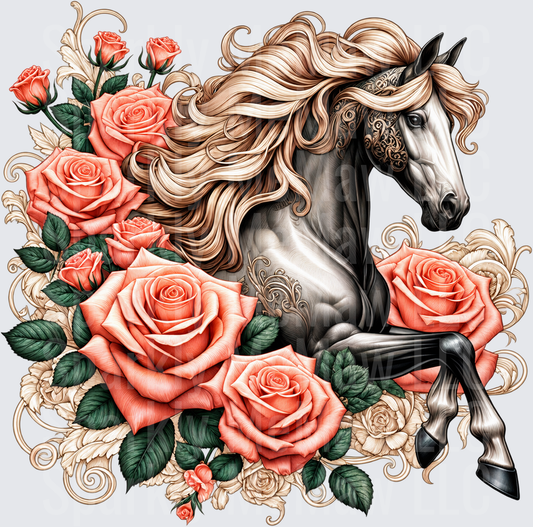 Ornate Horse Roses Floral is a DTF Transfer for Fabrics