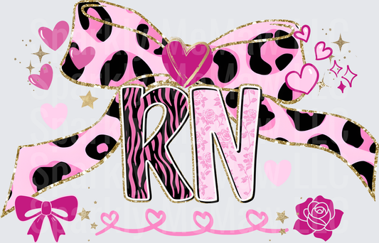 UV DTF Decal RN Registered Nurse Pink Leopard Print Bow Gold Glitter Hearts Roses Girly Coquette Design