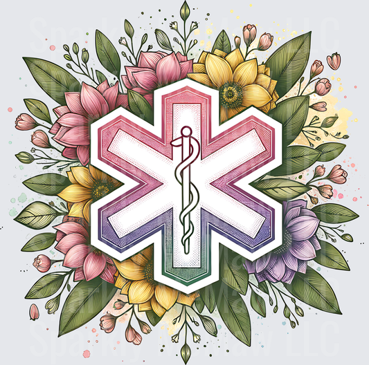 Star of Life Medical Symbol with Colorful Floral Wreath UV DTF Decal