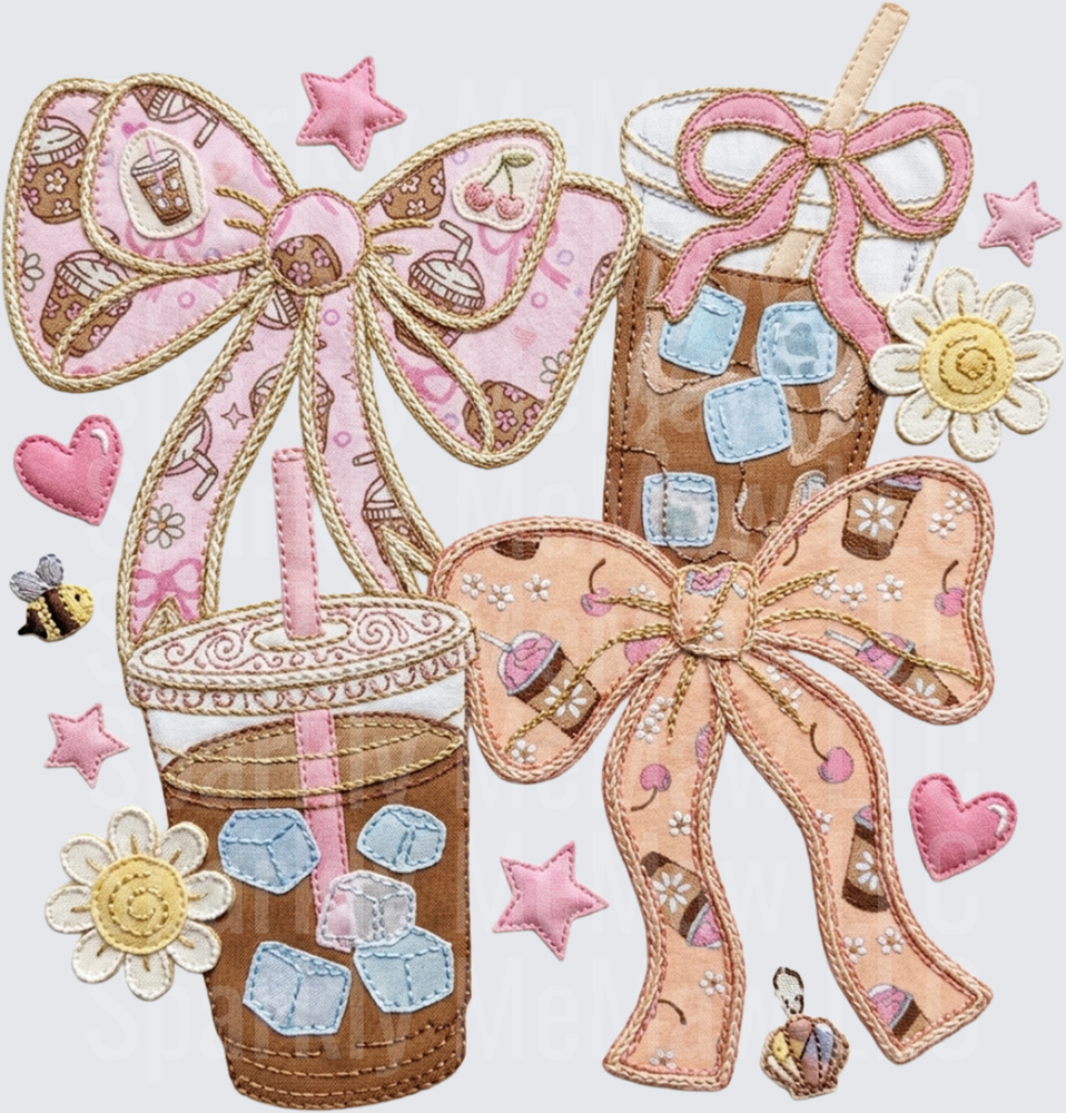 Whimsical Applique Style Iced Coffee Drinks with Pink Bows and Daisy Flowers UV DTF Decal