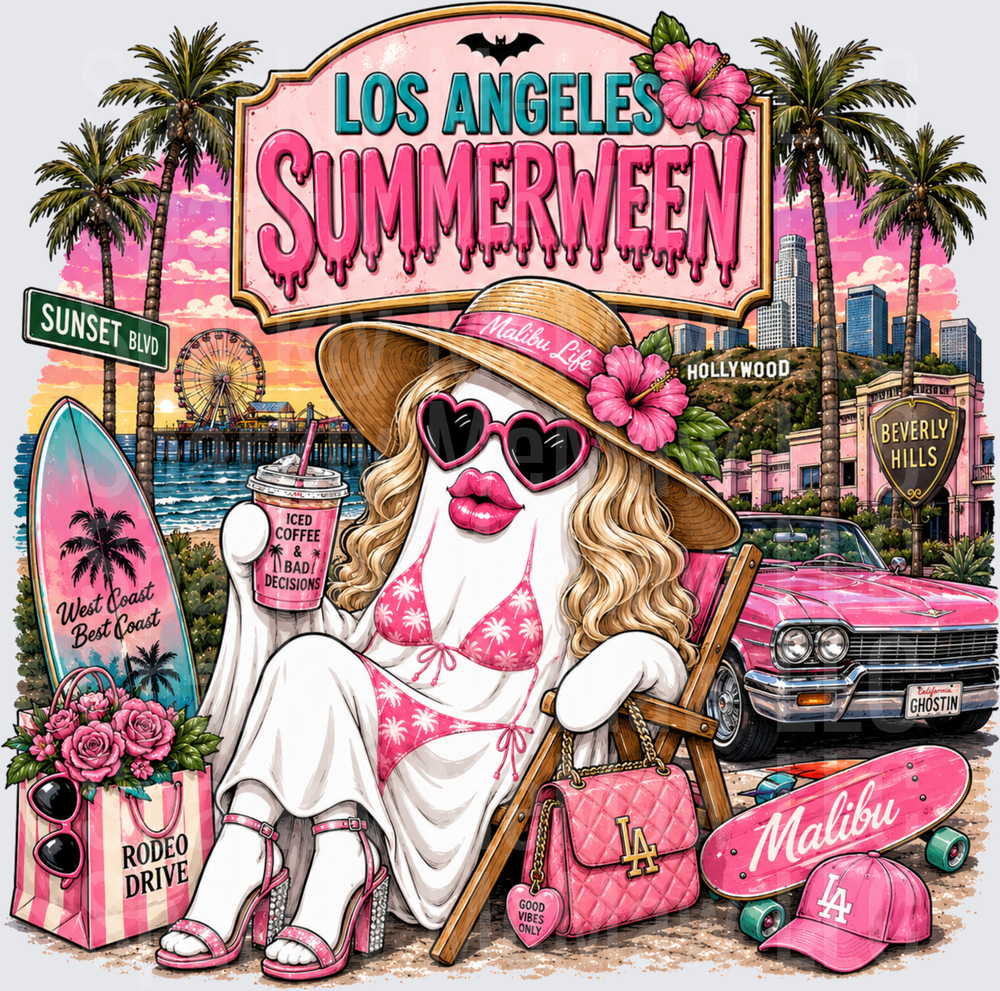 Los Angeles Summerween Ghost Girl in Pink Bikini with Hollywood Landmarks and Palm Trees UV DTF Decal