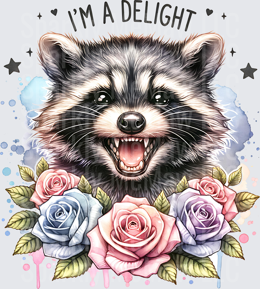 I'm A Delight Smiling Raccoon with Colorful Roses Watercolor UV DTF Decal