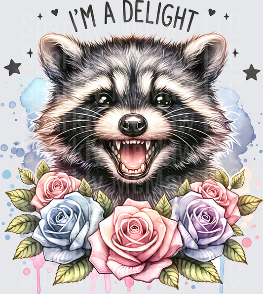 I'm A Delight Smiling Raccoon with Colorful Roses Watercolor UV DTF Decal